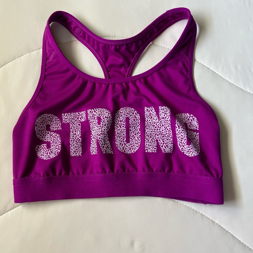 Purple Sports Bra with 'STRONG' Print